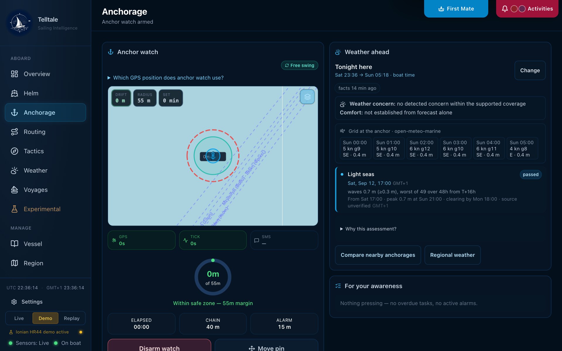 Actual Telltale Anchorage screen with anchor watch, weather ahead and nearby-anchorage comparison