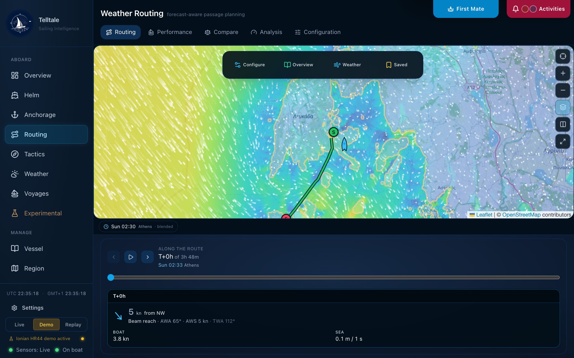 Actual Telltale Weather Routing interface in demo mode, showing a passage and animated weather controls